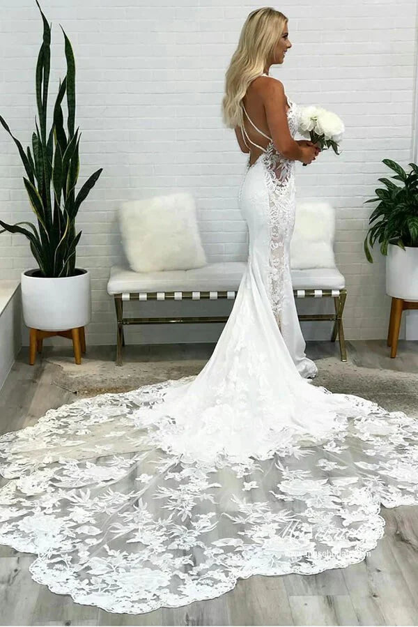 Gorgeous Mermaid Deep V Neck Backless Lace Wedding Dresses